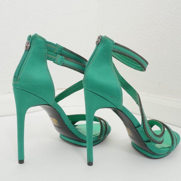 BCBGMaxAzria Green Satin Zipper Detail Size 7 1/2 B Strappy High Heel Shoes - Picture 11 of 13